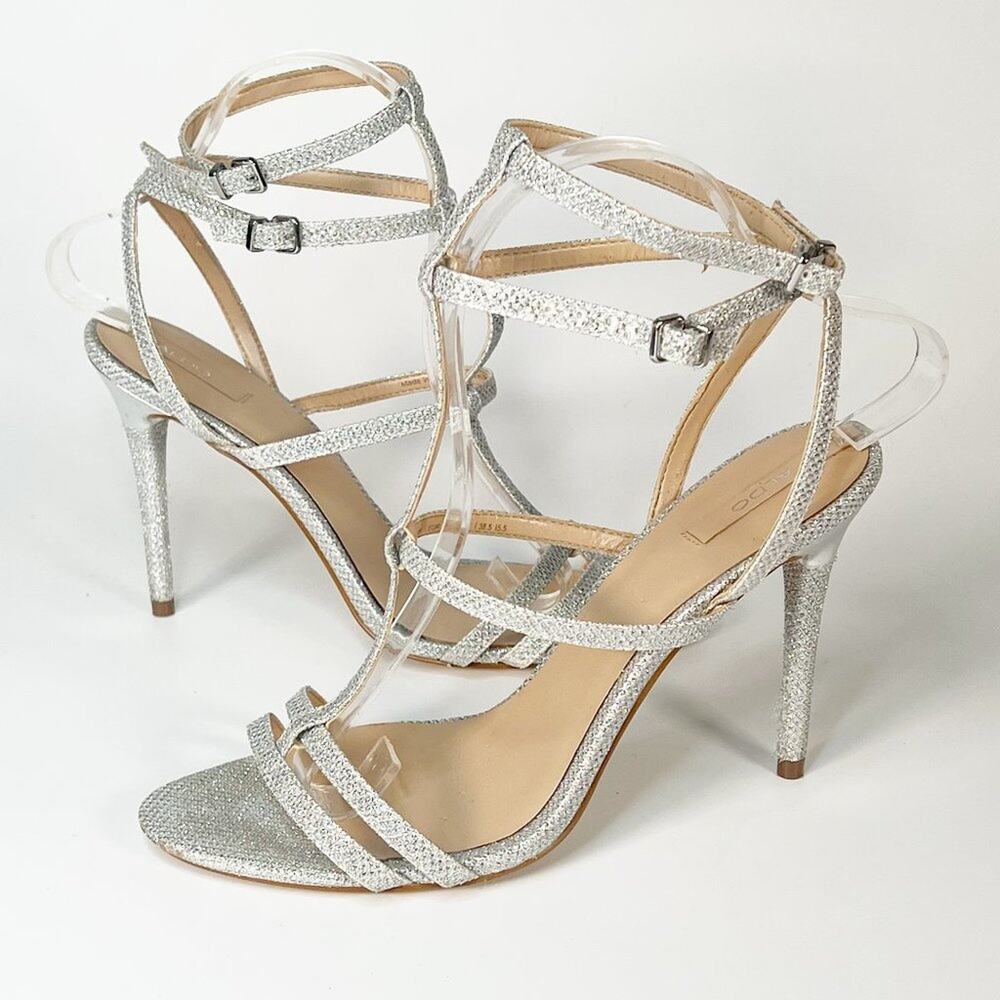 Aldo Silver Metallic Strappy Ankle Stiletto High Heels Shoes 8